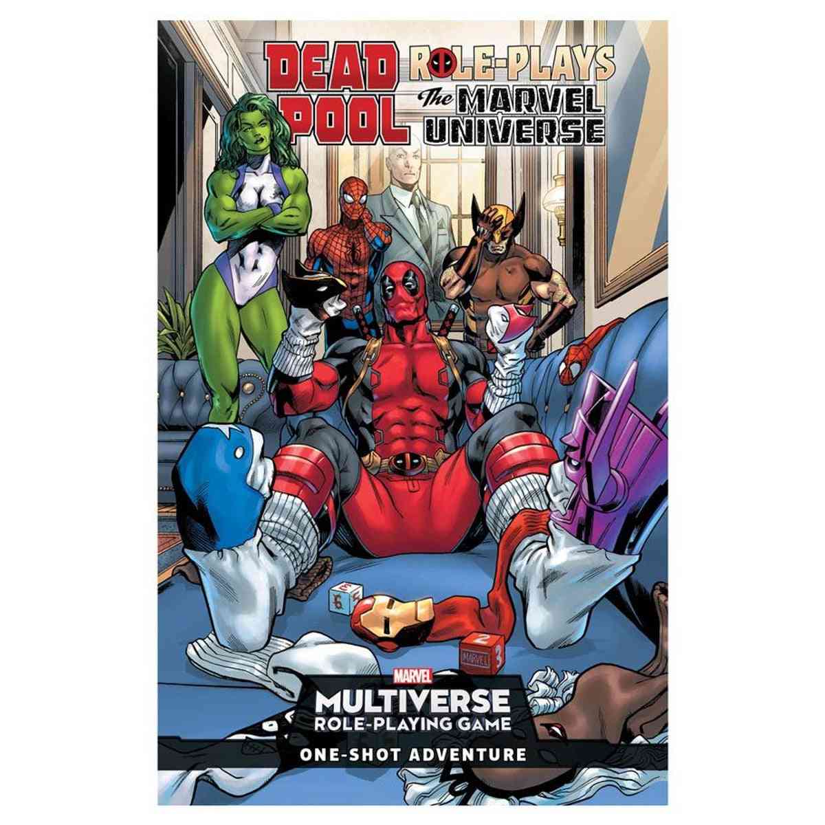 Marvel Multiverse RPG: Deadpool's Comic Adventure Unleashed cover featuring Deadpool lounging with Marvel heroes in a humorous role-playing scene.