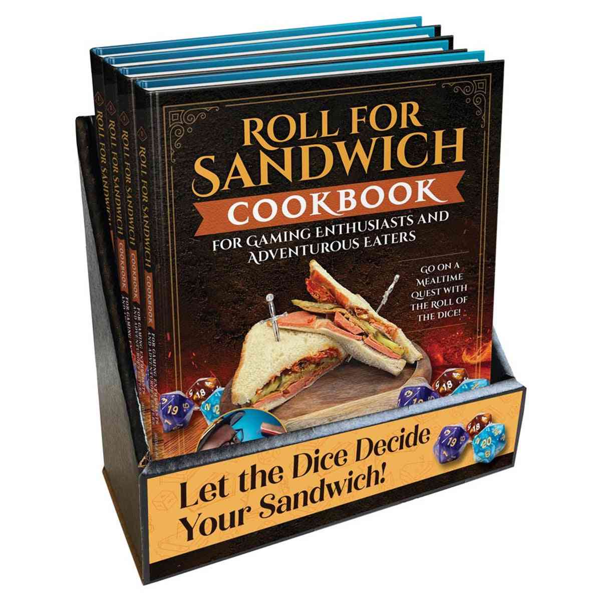 Dice Roll Sandwich Recipes - Game Night Fun | Roll for Sandwich cookbook display featuring multiple copies with dice and sandwich imagery for gamers.