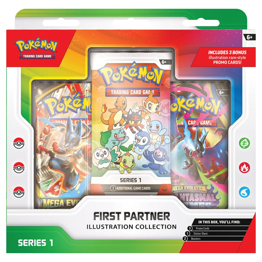Pokémon trading card game pack with illustrations of Pokémon characters on a colorful packaging. First Partner Illustration Collection