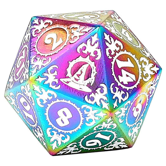 Close-up of a 20-sided die from the Solid Metal Dice Set for Creative Gaming Adventures, showcasing vibrant colors and wizard hat design.