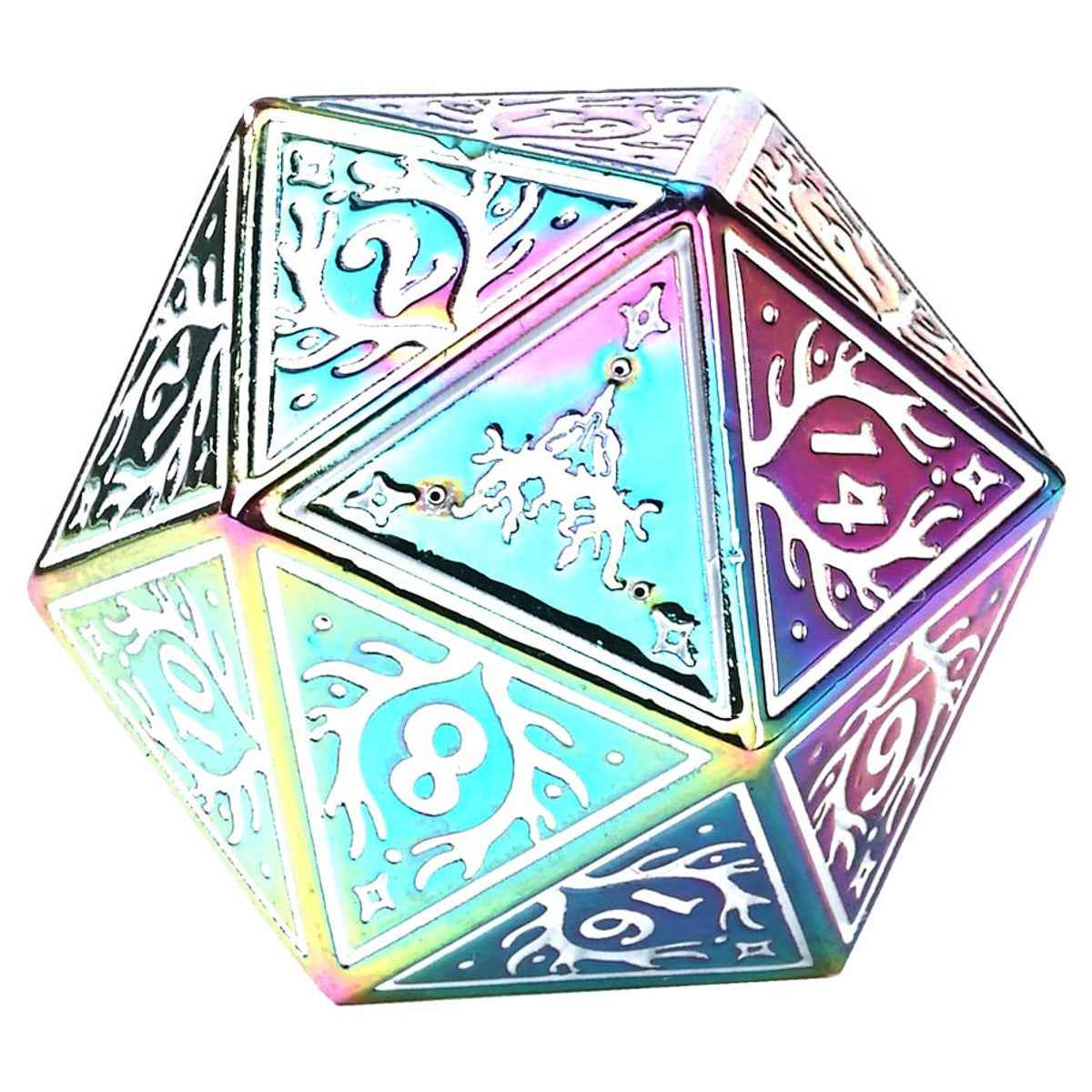 Zoomed-in D20 die from the Solid Metal Dice Set for Creative Gaming Adventures, featuring a dragon design and iridescent metallic hues.