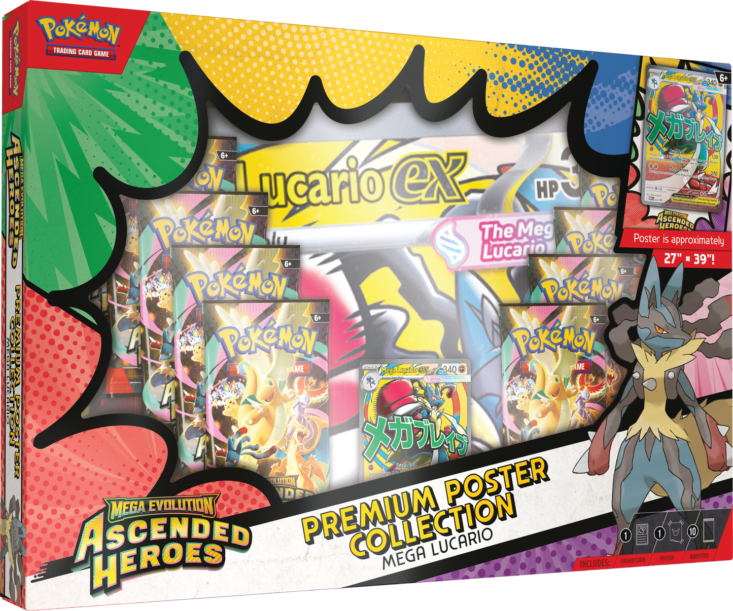 Pokémon trading card game box featuring Mega Lucario EX with colorful design elements.