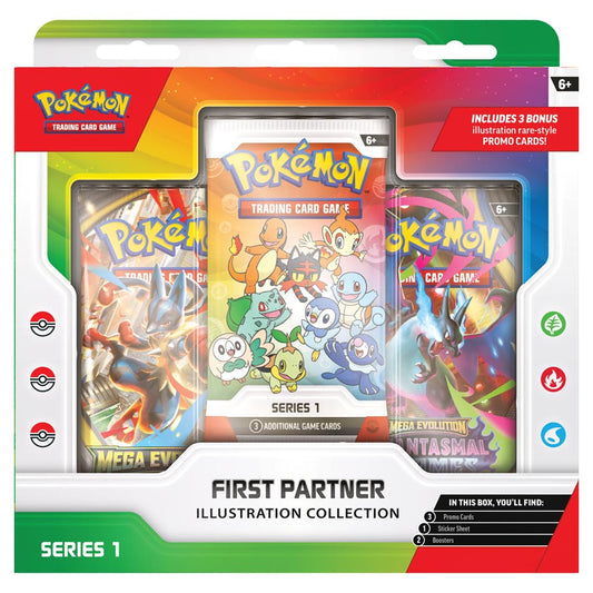 Pokémon trading card game pack with illustrations of Pokémon characters on a colorful packaging. First Partner Illustration Collection