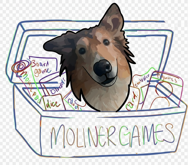 Cartoon dog inside a box labeled 'Moliner Games' with game components on a white background.