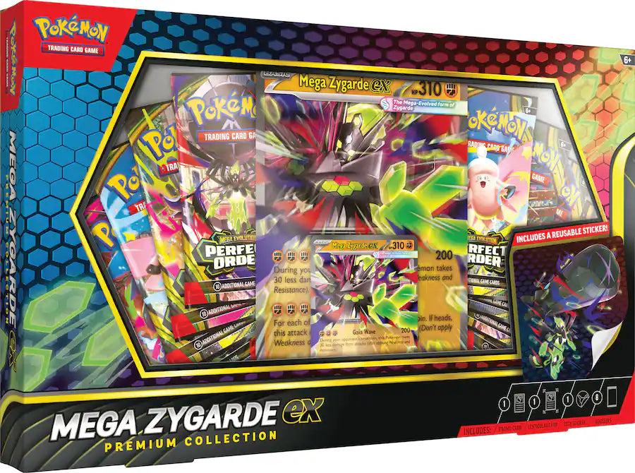 Pokémon Mega Zygarde EX Premium Collection trading card game box with colorful cards and Pokémon logo.