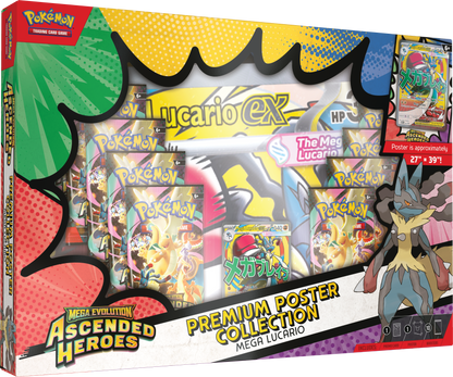 Pokémon trading card game box featuring Mega Lucario EX with colorful design elements.
