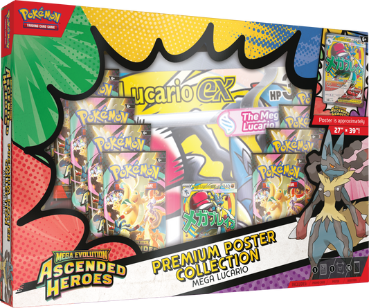 Pokémon trading card game box featuring Mega Lucario EX with colorful design elements.