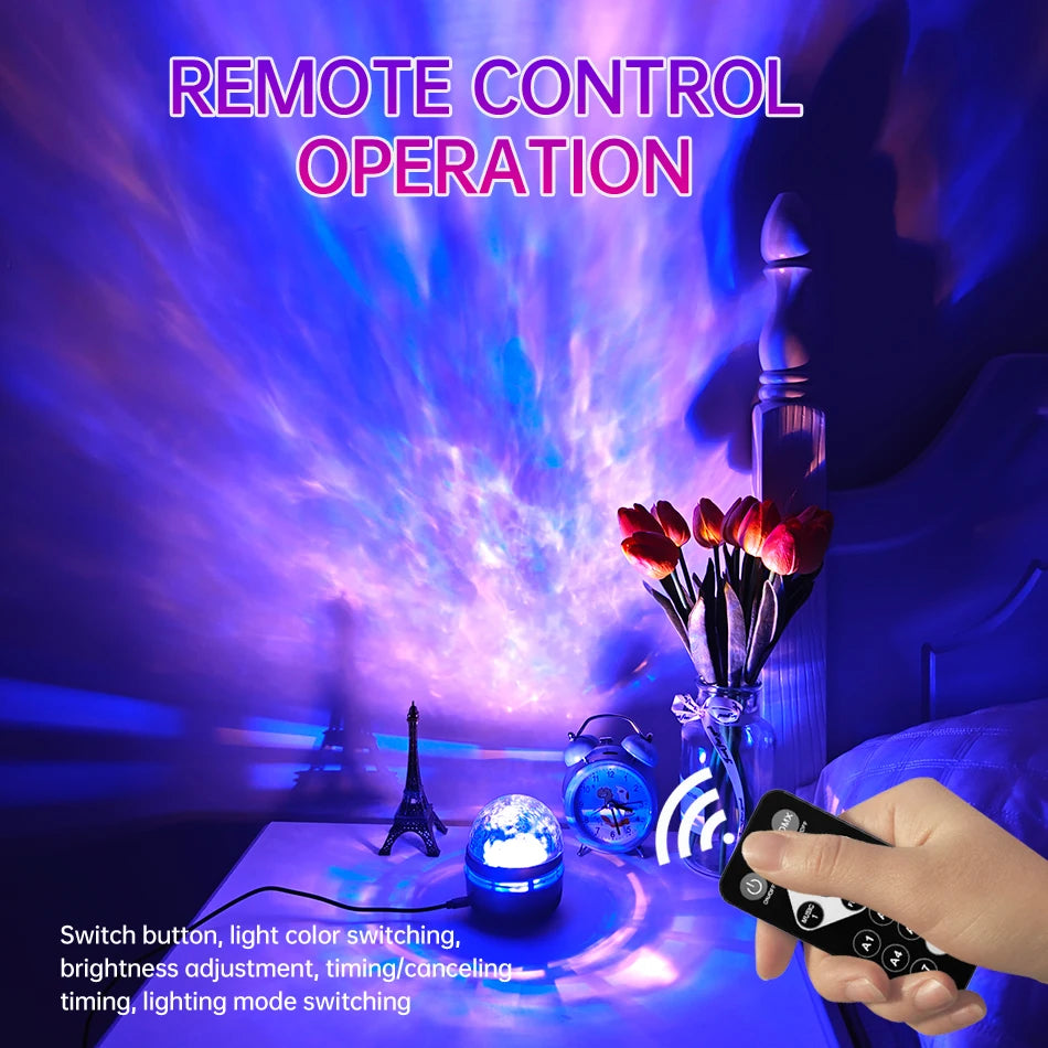 Remote control operation with a colorful light show and flowers on a table.