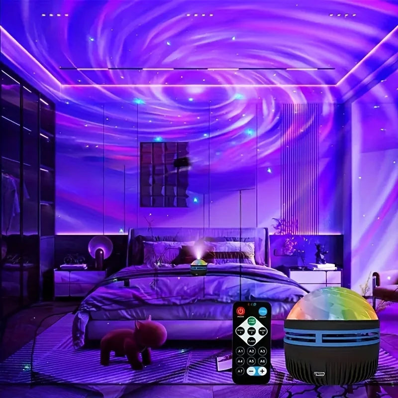 Room with purple ceiling design, bed, and decorative items with a remote control.