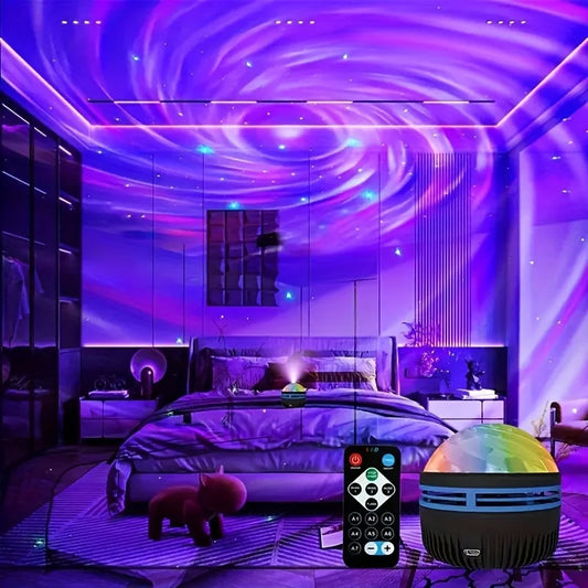 Room with purple ceiling design, bed, and decorative items with a remote control.