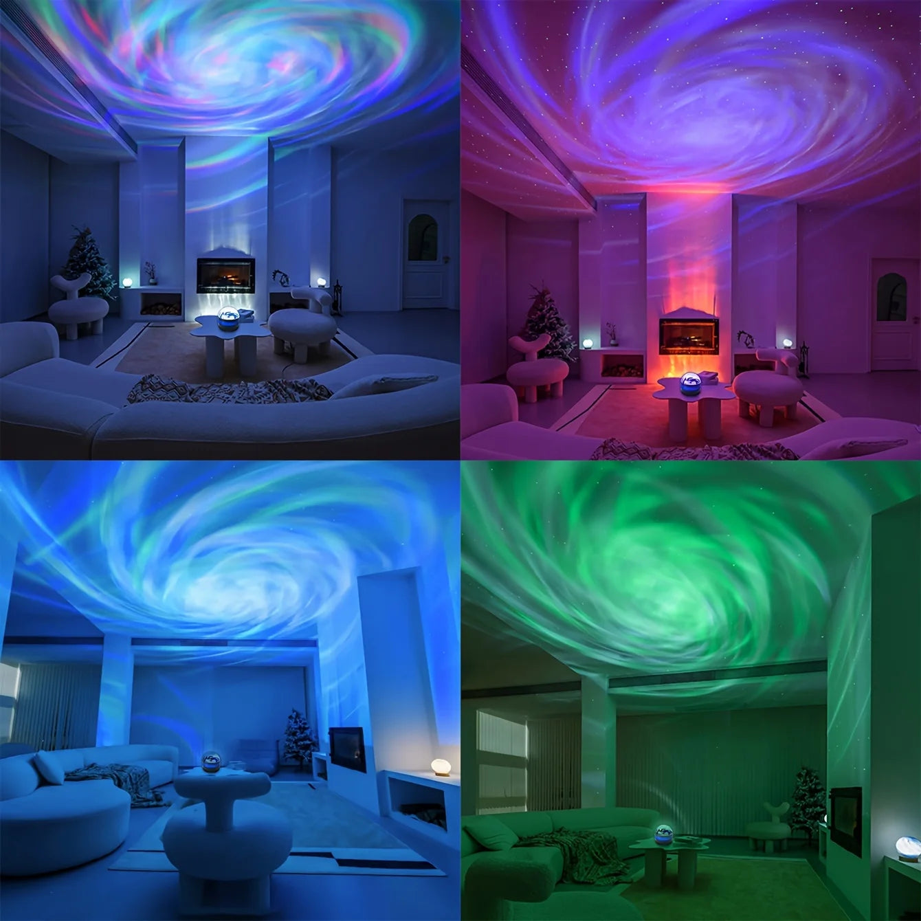 Four different colored light projections on a ceiling in a living room setting.