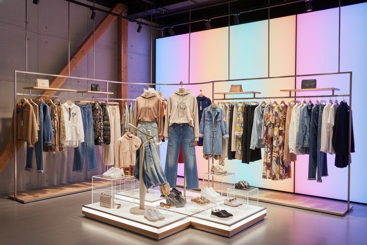 different clothing types for all genders in a cool display